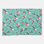 カラフルクリスマスの鳥と冬の葉のパターン キッチンタオル (横)