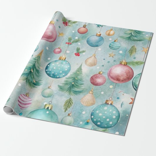 カラフルクリスマスオーナメントと木 ラッピングペーパー (アンロールド)