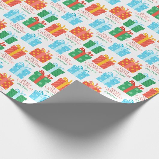 カラフルクリスマスギフトボックス名前をカスタムする休日 ラッピングペーパー (角)