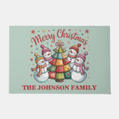 カラフルクリスマスツリーと雪だるま ドアマット (正面)