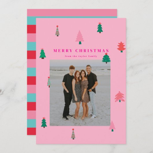 カラフルクリスマスツリー熱ピンクのクリスマスカード シーズンカード (正面/裏面)