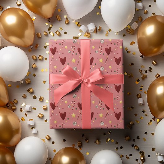 カラフルクリスマステーマパターンのピンク色の背景 ラッピングペーパー