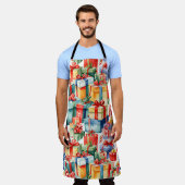 カラフルクリスマスプレゼント水彩模様 エプロン (着用した状態)