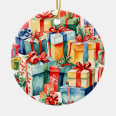 カラフルクリスマスプレゼント水彩模様 セラミックオーナメント (正面)