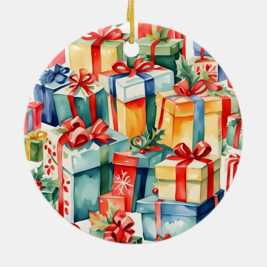 カラフルクリスマスプレゼント水彩模様 セラミックオーナメント (裏面)