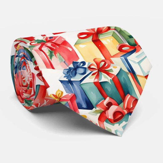 カラフルクリスマスプレゼント水彩模様 ネクタイ (ロール)