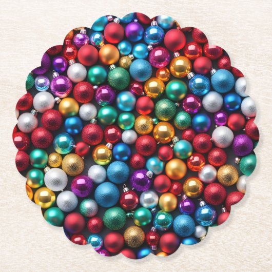 カラフルクリスマスボールオーナメント ペーパーコースター (正面)