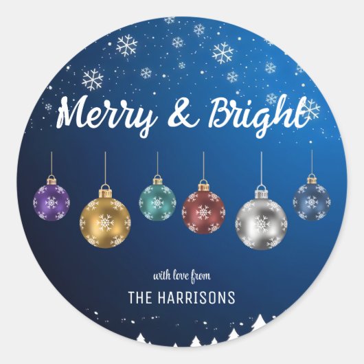 カラフルクリスマスボール雪片ブルー ラウンドシール (正面)