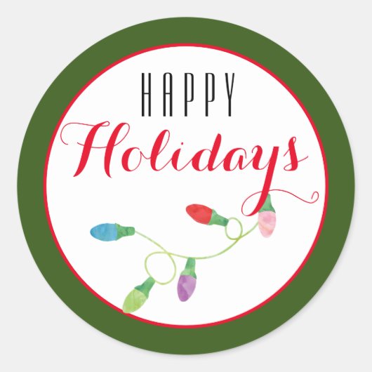 カラフルクリスマスライトハッピーホリデー/緑 ラウンドシール (正面)