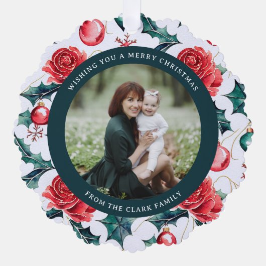 カラフルクリスマス植物性フローラフォトグリーン オーナメントカード (正面)