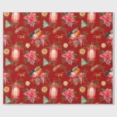 カラフルクリスマス記号パターン赤い背景 ラッピングペーパー (フラット)