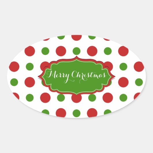 カラフルクリスマス赤と緑の水玉模様 楕円形シール (正面)