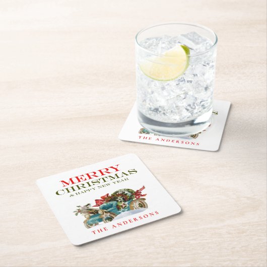 カラフルクリスマス車メリークリスマスパーティー スクエアペーパーコースター (インサイチュ)