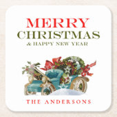 カラフルクリスマス車メリークリスマスパーティー スクエアペーパーコースター (正面)