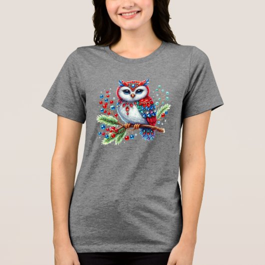 カラフルクリスマスOwlホリデー女子Tシャツ トライブレンドTシャツ (正面)