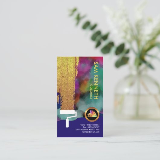 カラフルグラフィティ壁グランジ金ゴールド絵を描ローラ 名刺 (スタンド正面)