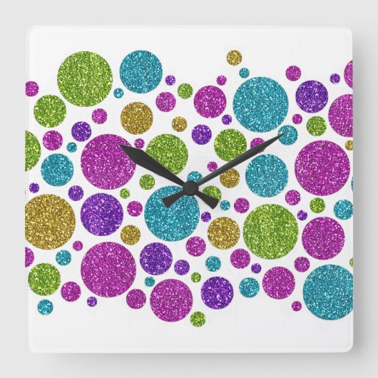 カラフルグリッタードットアクリルウォールクロック スクエア壁時計 (正面)