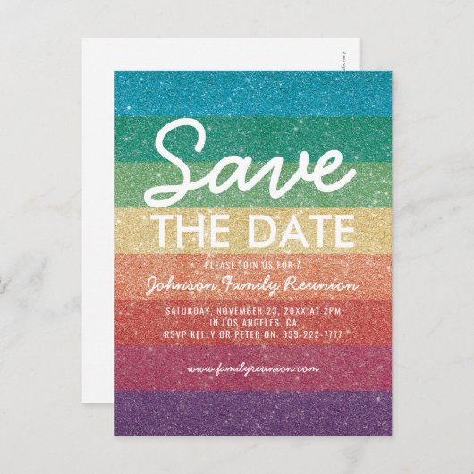 カラフルグリッターパーティー懇親会日付の保存 案内ポストカード (正面/裏面)