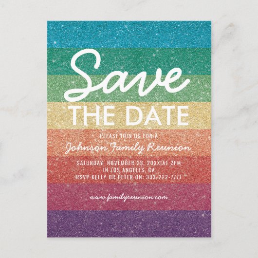 カラフルグリッターパーティー懇親会日付の保存 案内ポストカード (正面)