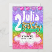 カラフルグリッターユニコーンレインボーバースデーパーティー 招待状 (正面)