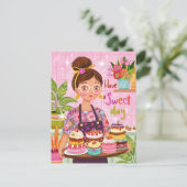 カラフルケーキ付き図解入りの、写真付きの誕生日 ポストカード (スタンド正面)