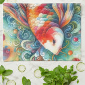 カラフルコイ魚水お洒落色オレンジティール(緑がかった色) キッチンタオル (折り畳み)