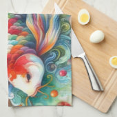 カラフルコイ魚水お洒落色オレンジティール(緑がかった色) キッチンタオル (四つ折り)