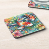 カラフルコイ魚水お洒落色オレンジティール（緑がかった色） コースター (左側)