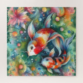 カラフルコイ魚水お洒落色オレンジティール（緑がかった色） ジグソーパズル (横)