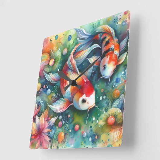 カラフルコイ魚水お洒落色オレンジティール（緑がかった色） スクエア壁時計 (傾斜)