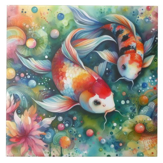 カラフルコイ魚水お洒落色オレンジティール（緑がかった色） タイル (正面)