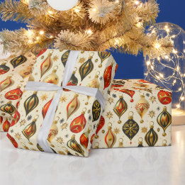 カラフルゴールドのクリスマスオーナメントデザイン ラッピングペーパー