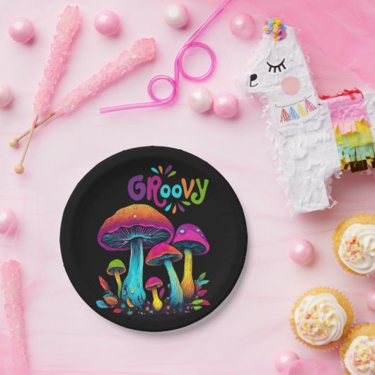 カラフルサイケデリックきのこ ペーパープレート (パーティー)