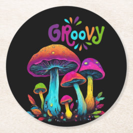 カラフルサイケデリックきのこ ラウンドペーパーコースター