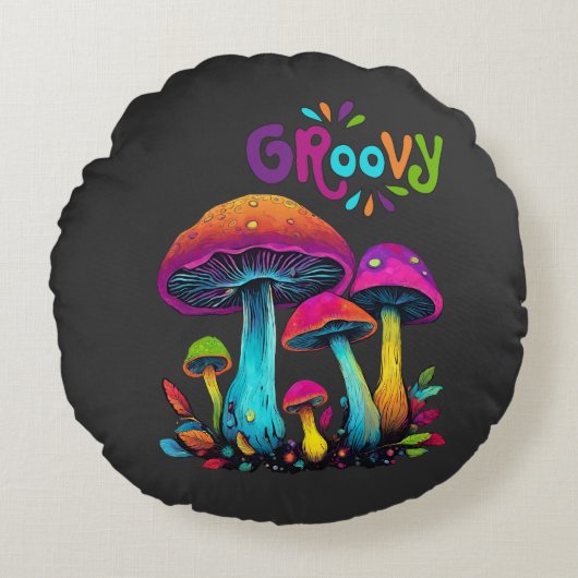 カラフルサイケデリック茸 ラウンドクッション (正面)