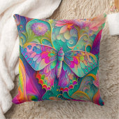 カラフルサイケデリック蝶・花 クッション (ブランケット)