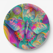カラフルサイケデリック蝶・花 ペーパープレート (正面)