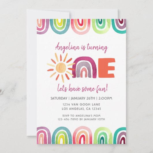 カラフルサンシャインレインボー1stバースデーウォーターカラー 招待状 (正面)
