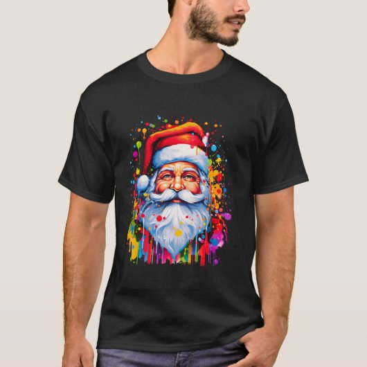 カラフルサンタクロース絵を描(ばちゃばちゃ)跳ねるクリスマスツリー Tシャツ (正面)