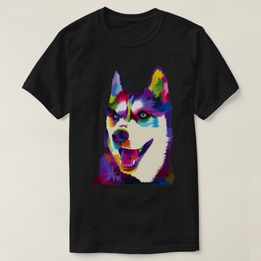 カラフルシベリアのハスキー幾何明るい犬のアブスター Tシャツ (デザイン正面)