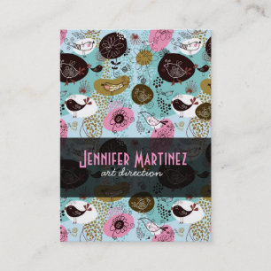 カラフルシンプルレトロ手描き花&鳥 名刺