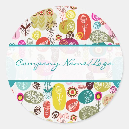 カラフルシンプル手描きレトロ花模様 ラウンドシール (正面)