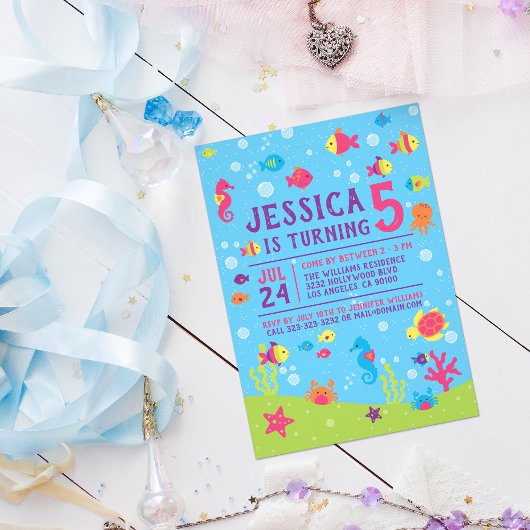 カラフルシーアンダーザシー子供の誕生日パーティー 招待状