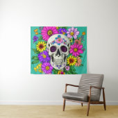 カラフルスカルと花タペストリー タペストリー (インサイチュ(横))
