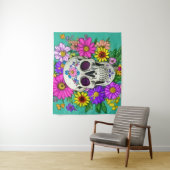 カラフルスカルと花タペストリー タペストリー (インサイチュ)