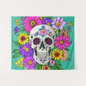 カラフルスカルと花タペストリー タペストリー (正面(横))