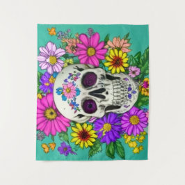 カラフルスカルと花タペストリー タペストリー