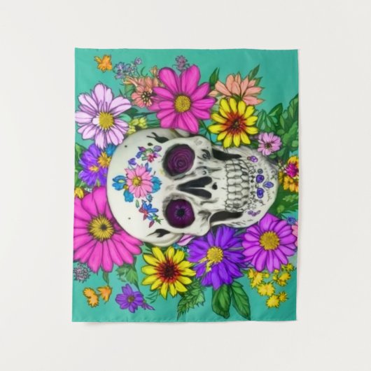 カラフルスカルと花タペストリー タペストリー (正面)