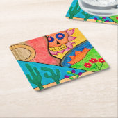 カラフルスカルの日の砂漠サボテン スクエアペーパーコースター (アングル)