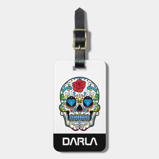 カラフルスカルレッドローズ&ブルーダイヤモンド ラゲッジタグ (正面縦)